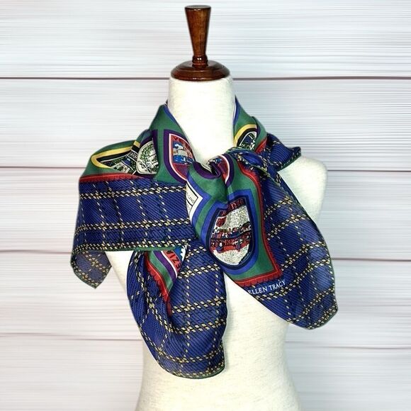 Ellen Tracy Silk Square Scarf Italian Cities Print Blue Green - Picture 6 of 9